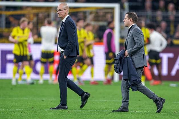 15 04 2025, Football, UEFA Champions League, Borussia Dortmund FC Barcelona, BVB Stadium, Quarter-finals, Season 2024 2025 Managing Director Carsten Cramer BVB Lars Ricken Managing Director Sport BVB Regulations prohibit any use of photographs as image sequences and or quasi video Nordrhein Westfalen Germany