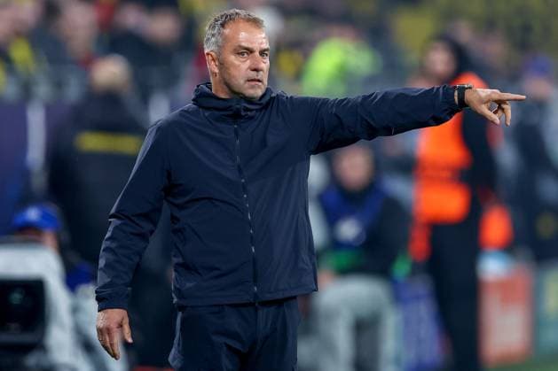 15 04 2025, Football, UEFA Champions League, Borussia Dortmund FC Barcelona, BVB Stadion, Quarter-finals, Season 2024 2025 Head coach Hansi Flick FC Barcelona hc gesticulating on the touchline Regulations prohibit any use of photographs as image sequences and or quasi video Nordrhein Westfalen Germany