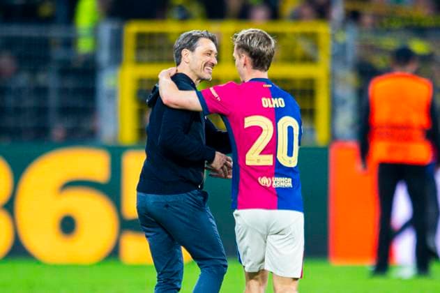 15 04 2025 Football, 2024 2025, UEFA Champions League, Quarter-finals, Borussia Dortmund FC Barcelona L R Niko Kovac Coach Dortmund , Dani Olmo Barcelona Dortmund North Rhine-Westphalia Germany Signal Iduna Park