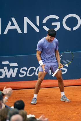 (250416) -- BARCELONA, April 16, 2025 -- Carlos Alcaraz reacts during the first round of Barcelona Open Banc Sabadell match between Carlos Alcaraz of Spain and Ethan Quinn of the United States, in Barcelona, Spain, April 15, 2025. (Photo by Xinhua) (SP)SPAIN-BARCELONA-TENNIS-BARCELONA OPEN Joanxgosa 