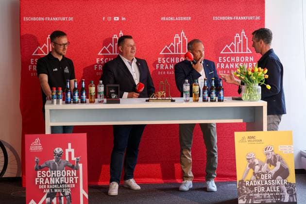 Frankfurt am Main on April 16, 2025 Press conference on the Eschborn Frankfurt 2025 cycling classic from left, Nathanael Bank Head of Eschborn Frankfurt, Stephan Siegler Frankfurt am Main City Councillor Adnan Shaikh Mayor of the City of Eschborn, moderator Markus Philipp Copyright: JoaquimxFerreira