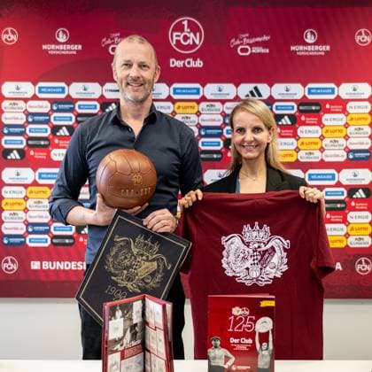 15 04 2025 1 FC Nürnberg Nuernberg FCN Club Media event Press event Anniversary 125 years 1 FC Nürnberg Presentation Activities ThHa xthxhax Niels Rossow Board Member Strategy Marketing 1 FC Nürnberg FCN next to Katharina Fritsch Head of Corporate Communications 1 FC Nürnberg FCN