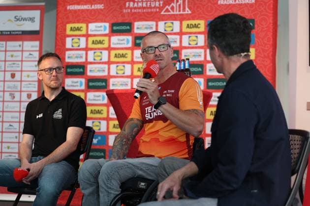 Frankfurt am Main on April 16, 2025 Press conference on the Eschborn Frankfurt 2025 cycling classic from left, Nathanael Bank, Head of Eschborn Frankfurt, Vico Merklein, Paralympics handbike champion, presenter Markus Philipp Copyright: JoaquimxFerreira