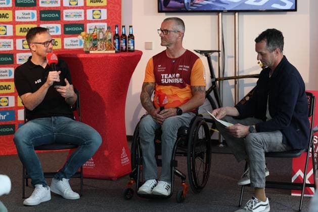 Frankfurt am Main on April 16, 2025 Press conference on the Eschborn Frankfurt 2025 cycling classic from left, Nathanael Bank, Head of Eschborn Frankfurt, Vico Merklein, Paralympics handbike champion, presenter Markus Philipp Copyright: JoaquimxFerreira