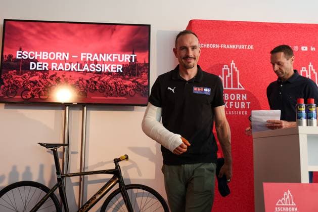 Frankfurt am Main on April 16, 2025 Press conference for the Eschborn Frankfurt 2025 cycling classic from left, John Degenkolb, Team Picnic PostNL with Gibsarm Copyright: JoaquimxFerreira