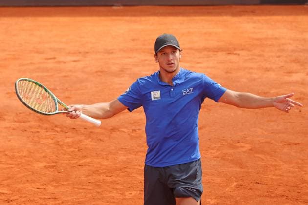 Luciano Darderi ITA cheers, gesticulates, plays against Miomir Kecmanovic Tennis BMW Open by Bitpanda ATP 500 Munich 16 04 2025 PHOTO Mladen Lackovic LakoPress
