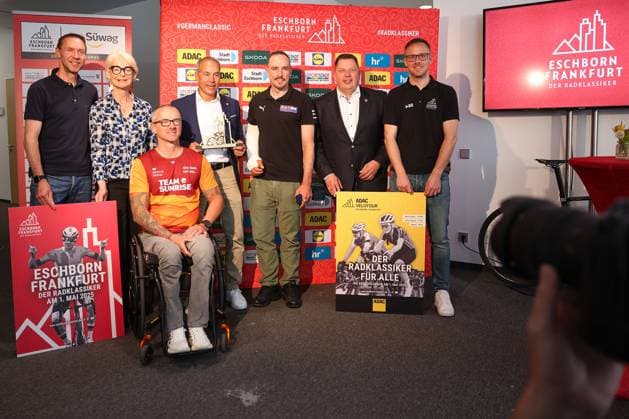 Frankfurt am Main on April 16, 2025 Press conference for the Eschborn Frankfurt 2025 cycling classic from left, looking forward to the race, Jens Voigt, former professional and expert, Ann Kathrin Linsenhoff Sports Commissioner of the State of Hesse, Vico Merklein Paralympics handbike winner, Adnan Shaikh Mayor of Eschborn, John Degenkolb, Team Picnic PostNL, Stephan Siegler Frankfurt am Main City Council and Nathanael Bank, Head of Eschborn Frankfurt Copyright: JoaquimxFerreira