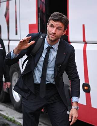 FOOTBALL CHAMPIONS LEAGUE SEASON 2024 2025 Quarter-final second leg Inter Milan FC Bayern Muenchen 15 04 2025 Arrival FC Bayern Muenchen at the team hotel in Milan, Thomas Mueller