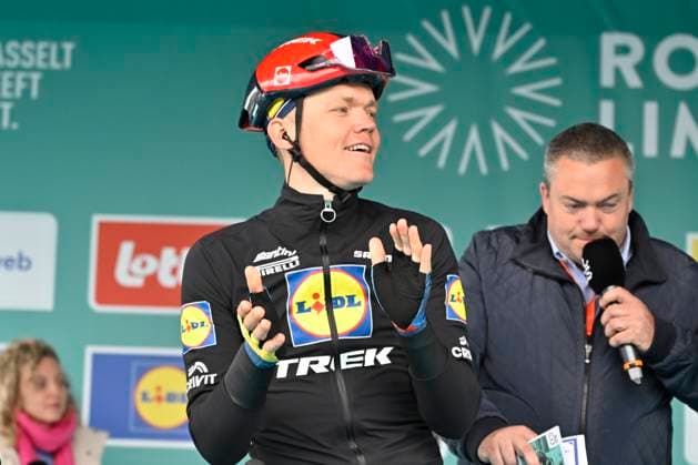 Ronde van Limburg 2025 - Men Elite TONGEREN, BELGIUM - APRIL 16 : SkujiFa Toms (LAT) of Lidl - Trek pictured during the 77th edition of the Ronde van Limburg, an UCI Individual Road cycling, Rad, Radsport, Strasse race with start in Hasselt and finish in Tongeren after 178,6 km, organized by Flanders Classics on April 16, 2025 in Tongeren, Belgium, 16 04 2025 ( Motor driver Verfaillie Kenny (BEL) - Tongeren Belgium Copyright: xJanxDexMeuleneirx