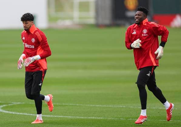 Manchester United, ManU FC Training AndrÃ Onana of Manchester United (R) during the Manchester United FC Training ahead of the Europa League Quarter-Final 2nd leg, at Carrington Training Centre, Manchester, England, United Kingdom on 16 April 2025 Credit: Jake Kirkman Every Second Media Editorial use only. All images are copyright Every Second Media Limited. No images may be reproduced without prior permission. Copyright: xIMAGO EveryxSecondxMediax ESM-1422-0025 JakexKirkmanx xEveryxSecondxMediax