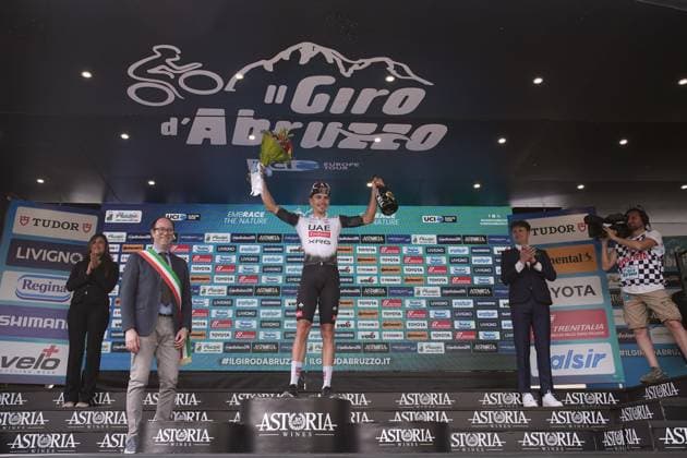 Alves Oliveira Ivo Emanuel Of Uae Team Emirates Xrg winner of the stage on the podium during the Giro d™Abruzzo, stage from Tocco da Casauria to Penne (138 km) - Abruzzo, Italy - Wednesday, April 16, 2025. - cycling .  Copyright: xMarcoxAlpozzi LaPressex