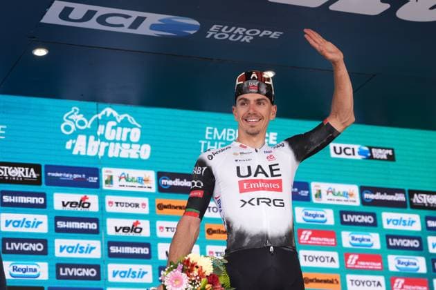 Alves Oliveira Ivo Emanuel Of Uae Team Emirates Xrg winner of the stage on the podium during the Giro d™Abruzzo, stage from Tocco da Casauria to Penne (138 km) - Abruzzo, Italy- Wednesday, April 16, 2025. - cycling .  Copyright: xMassimoxPaolone LaPressex