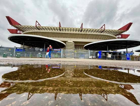 16 04 2025, Football UEFA Championsleague 2024 2025 quarter-final second leg, Inter Milan FC Bayern Munich, at Giuseppe Meazza Stadium Milan , The stadium from outside DFL and DFB regulations prohibit any use of photographs as image sequences and or quasi video