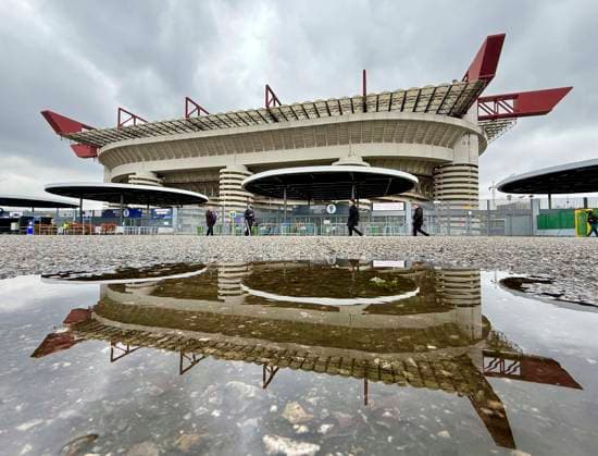 16 04 2025, Football UEFA Championsleague 2024 2025 quarter-final second leg, Inter Milan FC Bayern Munich, at Giuseppe Meazza Stadium Milan , The stadium from outside DFL and DFB regulations prohibit any use of photographs as image sequences and or quasi video