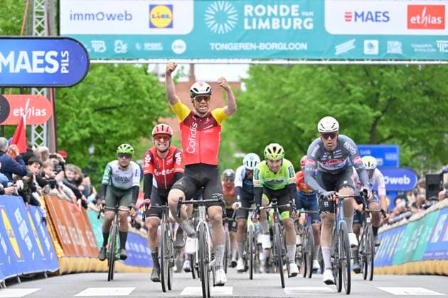 Ronde van Limburg 2025 - Men Elite TONGEREN, BELGIUM - APRIL 16 : Fretin Milan (BEL) of Cofidis wins, Dehairs Simon (BEL) of Alpecin-Deceuninck, Menten Milan (BEL) of Lotto Cycling Team pictured during the 77th edition of the Ronde van Limburg, an UCI Individual Road cycling, Rad, Radsport, Strasse race with start in Hasselt and finish in Tongeren after 178,6 km, organized by Flanders Classics on April 16, 2025 in Tongeren, Belgium, 16 04 2025 Tongeren Belgium Copyright: xJanxDexMeuleneirx