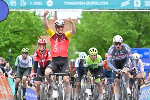 Ronde van Limburg 2025 - Men Elite TONGEREN, BELGIUM - APRIL 16 : Fretin Milan (BEL) of Cofidis wins, Dehairs Simon (BEL) of Alpecin-Deceuninck, Menten Milan (BEL) of Lotto Cycling Team pictured during the 77th edition of the Ronde van Limburg, an UCI Individual Road cycling, Rad, Radsport, Strasse race with start in Hasselt and finish in Tongeren after 178,6 km, organized by Flanders Classics on April 16, 2025 in Tongeren, Belgium, 16 04 2025 Tongeren Belgium Copyright: xJanxDexMeuleneirx