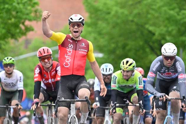 Ronde van Limburg 2025 - Men Elite TONGEREN, BELGIUM - APRIL 16 : Fretin Milan (BEL) of Cofidis wins, Dehairs Simon (BEL) of Alpecin-Deceuninck, Menten Milan (BEL) of Lotto Cycling Team pictured during the 77th edition of the Ronde van Limburg, an UCI Individual Road cycling, Rad, Radsport, Strasse race with start in Hasselt and finish in Tongeren after 178,6 km, organized by Flanders Classics on April 16, 2025 in Tongeren, Belgium, 16 04 2025 Tongeren Belgium Copyright: xJanxDexMeuleneirx