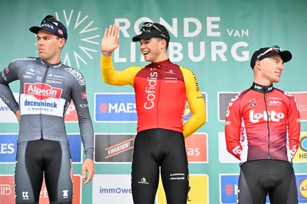 Ronde van Limburg 2025 - Men Elite TONGEREN, BELGIUM - APRIL 16 : Dehairs Simon (BEL) of Alpecin-Deceuninck, Fretin Milan (BEL) of Cofidis and Menten Milan (BEL) of Lotto Cycling Team pictured during the podium ceremony of the 77th edition of the Ronde van Limburg, an UCI Individual Road cycling, Rad, Radsport, Strasse race with start in Hasselt and finish in Tongeren after 178,6 km, organized by Flanders Classics on April 16, 2025 in Tongeren, Belgium, 16 04 2025 ( Motor driver Verfaillie Kenny (BEL) - Tongeren Belgium Copyright: xJanxDexMeuleneirx