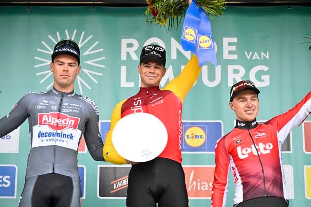 Ronde van Limburg 2025 - Men Elite TONGEREN, BELGIUM - APRIL 16 : Dehairs Simon (BEL) of Alpecin-Deceuninck, Fretin Milan (BEL) of Cofidis and Menten Milan (BEL) of Lotto Cycling Team pictured during the podium ceremony of the 77th edition of the Ronde van Limburg, an UCI Individual Road cycling, Rad, Radsport, Strasse race with start in Hasselt and finish in Tongeren after 178,6 km, organized by Flanders Classics on April 16, 2025 in Tongeren, Belgium, 16 04 2025 ( Motor driver Verfaillie Kenny (BEL) - Tongeren Belgium Copyright: xJanxDexMeuleneirx
