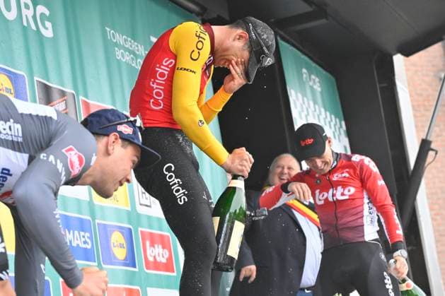 Ronde van Limburg 2025 - Men Elite TONGEREN, BELGIUM - APRIL 16 : Dehairs Simon (BEL) of Alpecin-Deceuninck, Fretin Milan (BEL) of Cofidis and Menten Milan (BEL) of Lotto Cycling Team pictured during the podium ceremony of the 77th edition of the Ronde van Limburg, an UCI Individual Road cycling, Rad, Radsport, Strasse race with start in Hasselt and finish in Tongeren after 178,6 km, organized by Flanders Classics on April 16, 2025 in Tongeren, Belgium, 16 04 2025 ( Motor driver Verfaillie Kenny (BEL) - Tongeren Belgium Copyright: xJanxDexMeuleneirx