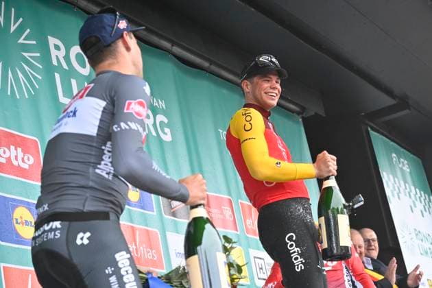 Ronde van Limburg 2025 - Men Elite TONGEREN, BELGIUM - APRIL 16 : Dehairs Simon (BEL) of Alpecin-Deceuninck, Fretin Milan (BEL) of Cofidis and Menten Milan (BEL) of Lotto Cycling Team pictured during the podium ceremony of the 77th edition of the Ronde van Limburg, an UCI Individual Road cycling, Rad, Radsport, Strasse race with start in Hasselt and finish in Tongeren after 178,6 km, organized by Flanders Classics on April 16, 2025 in Tongeren, Belgium, 16 04 2025 ( Motor driver Verfaillie Kenny (BEL) - Tongeren Belgium Copyright: xJanxDexMeuleneirx