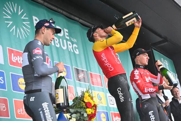 Ronde van Limburg 2025 - Men Elite TONGEREN, BELGIUM - APRIL 16 : Dehairs Simon (BEL) of Alpecin-Deceuninck, Fretin Milan (BEL) of Cofidis and Menten Milan (BEL) of Lotto Cycling Team pictured during the podium ceremony of the 77th edition of the Ronde van Limburg, an UCI Individual Road cycling, Rad, Radsport, Strasse race with start in Hasselt and finish in Tongeren after 178,6 km, organized by Flanders Classics on April 16, 2025 in Tongeren, Belgium, 16 04 2025 ( Motor driver Verfaillie Kenny (BEL) - Tongeren Belgium  Copyright: xJanxDexMeuleneirx