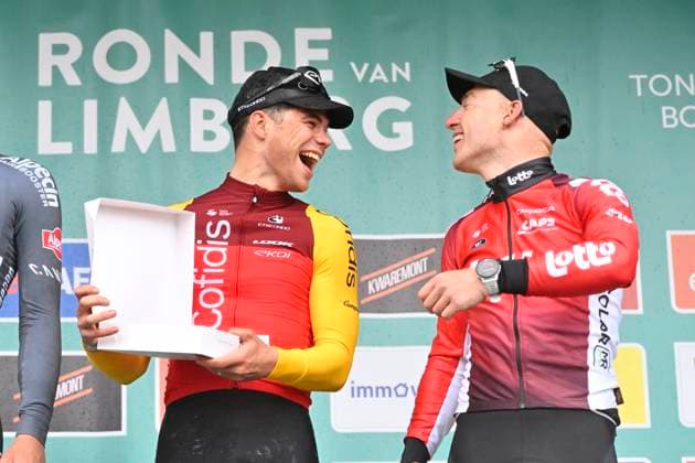 Ronde van Limburg 2025 - Men Elite TONGEREN, BELGIUM - APRIL 16 : Fretin Milan (BEL) of Cofidis and Menten Milan (BEL) of Lotto Cycling Team pictured during the podium ceremony of the 77th edition of the Ronde van Limburg, an UCI Individual Road cycling, Rad, Radsport, Strasse race with start in Hasselt and finish in Tongeren after 178,6 km, organized by Flanders Classics on April 16, 2025 in Tongeren, Belgium, 16 04 2025 ( Motor driver Verfaillie Kenny (BEL) - Tongeren Belgium  Copyright: xJanxDexMeuleneirx