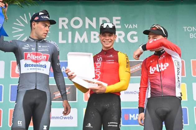 Ronde van Limburg 2025 - Men Elite TONGEREN, BELGIUM - APRIL 16 : Dehairs Simon (BEL) of Alpecin-Deceuninck, Fretin Milan (BEL) of Cofidis and Menten Milan (BEL) of Lotto Cycling Team pictured during the podium ceremony of the 77th edition of the Ronde van Limburg, an UCI Individual Road cycling, Rad, Radsport, Strasse race with start in Hasselt and finish in Tongeren after 178,6 km, organized by Flanders Classics on April 16, 2025 in Tongeren, Belgium, 16 04 2025 ( Motor driver Verfaillie Kenny (BEL) - Tongeren Belgium  Copyright: xJanxDexMeuleneirx