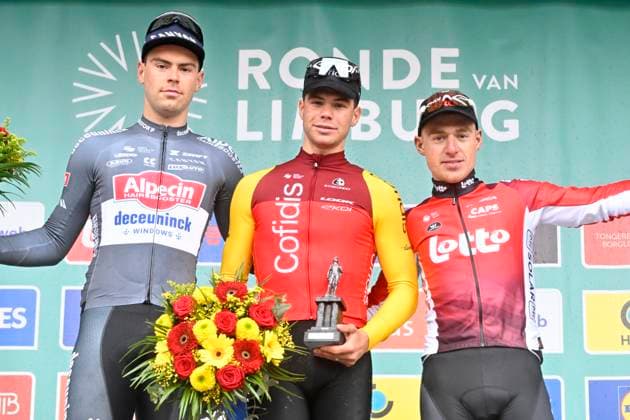 Ronde van Limburg 2025 - Men Elite TONGEREN, BELGIUM - APRIL 16 : Dehairs Simon (BEL) of Alpecin-Deceuninck, Fretin Milan (BEL) of Cofidis and Menten Milan (BEL) of Lotto Cycling Team pictured during the podium ceremony of the 77th edition of the Ronde van Limburg, an UCI Individual Road cycling, Rad, Radsport, Strasse race with start in Hasselt and finish in Tongeren after 178,6 km, organized by Flanders Classics on April 16, 2025 in Tongeren, Belgium, 16 04 2025 ( Motor driver Verfaillie Kenny (BEL) - Tongeren Belgium  Copyright: xJanxDexMeuleneirx