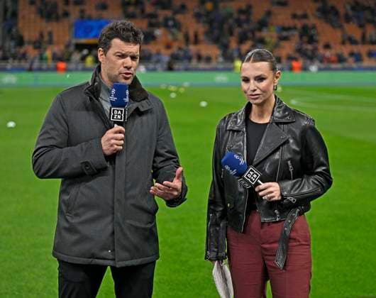 16 04 2025, Football UEFA Championsleague 2024 2025 quarter-final second leg, Inter Milan FC Bayern Munich, at Giuseppe Meazza Stadium Milan , f l TV expert Michael Ballack Germany and presenter Laura Wontorra Germany DFL and DFB regulations prohibit any use of photographs as image sequences and or quasi video