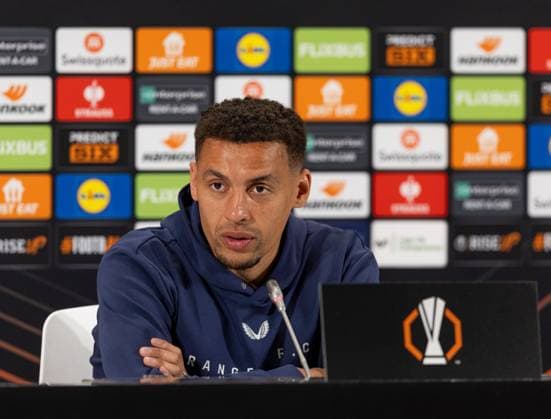 James Tavernier of Rangers during today s press conference, PK, Pressekonferenz to preview tomorrows UEFA Europa League Quarter Final Second Leg match versus Athletic Club. Rangers Press Conference, UEFA Europa League, Quarter Final, First Leg, Football, Estadio de San Mams, Bilbao, Spain - 16 Apr 2025 EDITORIAL USE ONLY No use with unauthorised audio, video, data, fixture lists, club league logos or live services. Online in-match use limited to 120 images, no video emulation. No use in betting, games or single club league player publications. Copyright: xRangersxFC Shutterstockx 15256558aq