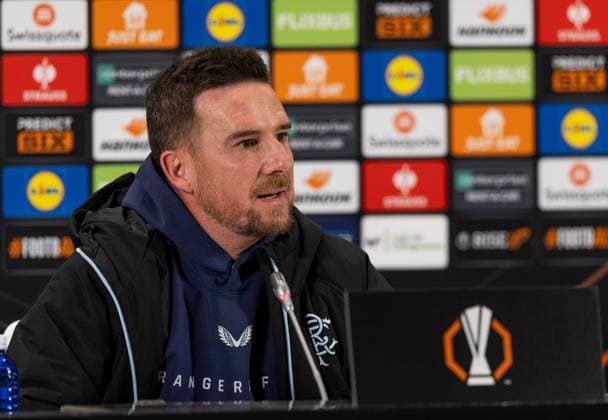 Rangers Head Coach Barry Ferguson during today s press conference, PK, Pressekonferenz to preview tomorrows UEFA Europa League Quarter Final Second Leg match versus Athletic Club. Rangers Press Conference, UEFA Europa League, Quarter Final, First Leg, Football, Estadio de San Mams, Bilbao, Spain - 16 Apr 2025 EDITORIAL USE ONLY No use with unauthorised audio, video, data, fixture lists, club league logos or live services. Online in-match use limited to 120 images, no video emulation. No use in betting, games or single club league player publications. Copyright: xRangersxFC Shutterstockx 15256558u