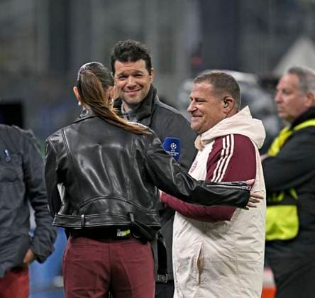 16 04 2025, Football UEFA Championsleague 2024 2025 quarter-final second leg, Inter Milan FC Bayern Munich, at Giuseppe Meazza Stadium Milan , TV expert Michael Ballack, TV presenter Laura Wontorra and sports director Max Eberl Bayern Munich DFL and DFB regulations prohibit any use of photographs as image sequences and or quasi video