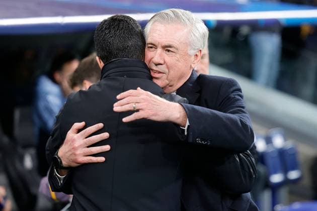 Real Madrid Manager Carlo Ancelotti greets Arsenal manager Mikel Arteta Real Madrid v Arsenal, UEFA Champions League, Quarter-Finals, 2nd Leg, Football, Santiago Bernabu Stadium, Madrid, Spain - 16 Apr 2025 EDITORIAL USE ONLY No use with unauthorised audio, video, data, fixture lists, club league logos or live services. Online in-match use limited to 120 images, no video emulation. No use in betting, games or single club league player publications. Copyright: xRubenxAlbarran Shutterstockx 15253938p