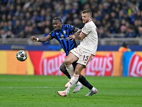 16 04 2025, Football UEFA Championsleague 2024 2025 quarter-final second leg, Inter Milan FC Bayern Munich, at Giuseppe Meazza Stadium Milan , v l Marcus Thuram Inter Milan vs Eric Dier FC Bayern Munich DFL and DFB regulations prohibit any use of photographs as image sequences and or quasi video
