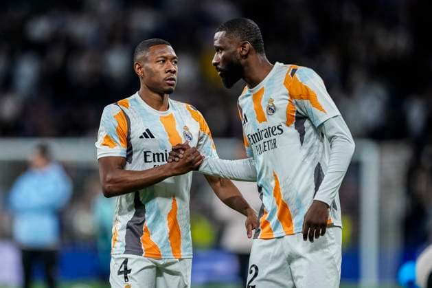 April 16, 2025, Madrid, Madrid, SPAIN: David Alaba and Antonio Rudiger of Real Madrid gestures during the UEFA Champions League 2024 25 Quarter Final Second Leg match between Real Madrid C.F. and Arsenal FC at Santiago Bernabeu stadium on April 16, 2025, in Madrid, Spain. Madrid SPAIN - ZUMAa181 20250416_zaa_a181_068 Copyright: xOscarxJ.xBarrosox