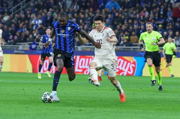 Marcus Thuram 9 Inter Milan and Minjae Kim FC Bayern Muenchen v l in duel, Inter Milan vs FC Bayern Muenchen, Soccer, Champions League, Quarterfinal, Second leg, 16 04 2025 Copyright: xkolbert-press ChristianxKolbertx