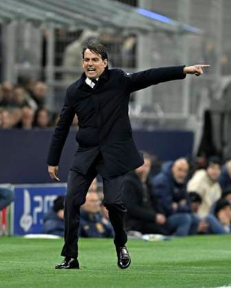 16 04 2025, Football UEFA Championsleague 2024 2025 quarter-final second leg, Inter Milan FC Bayern Munich, at Giuseppe Meazza Stadium Milan , Coach Simone Inzaghi Inter Milan in Rage DFL and DFB regulations prohibit any use of photographs as image sequences and or quasi video