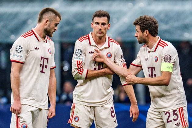 16 04 2025, Inter Milan vs FC Bayern Munich, UEFA Champions League, quarter-final second leg Eric Dier FC Bayern Muenchen, 15 Thomas Müller FC Bayern Muenchen, 25 Leon Goretzka FC Bayern Muenchen, 8 Copyright: xBahhoxKarax