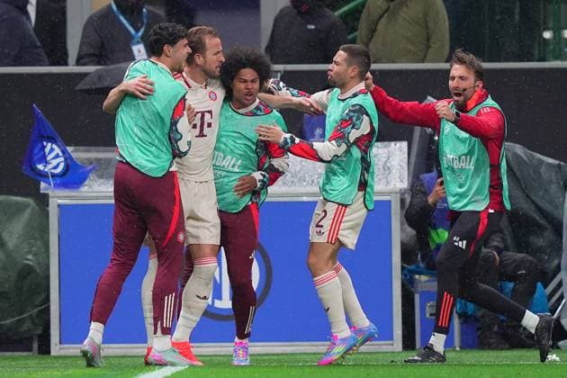 Bayern s Harry Kane celebrates after scoring 0-1 during the Uefa Champions League soccer match between Inter and Bayern Munich at San Siro Stadium in Milan , North Italy - , Wednesday April 16, 2025 . - Soccer  Copyright: xSpada LaPressex