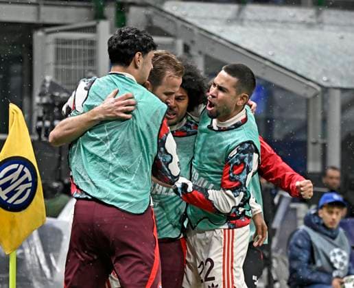 16 04 2025, Football UEFA Championsleague 2024 2025 quarter-final second leg, Inter Milan FC Bayern Munich, at Giuseppe Meazza Stadium Milan , Goal celebration v k Aleksandar Pavlovic Bayern Munich , Harry Kane FC Bayern Munich , Serge Gnabry FC Bayern Munich and Raphael Guerreiro FC Bayern Munich DFL and DFB regulations prohibit any use of photographs as image sequences and or quasi video