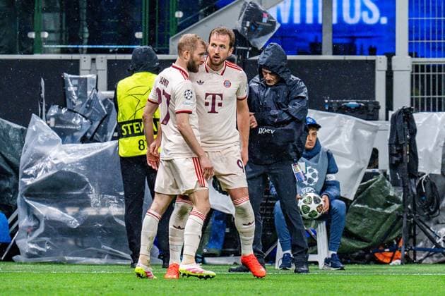 16 04 2025, Inter Milan vs FC Bayern Munich, UEFA Champions League, quarter-final second leg Goal for 0 1 by Harry Kane FC Bayern Munich, 9 here with Konrad Laimer FC Bayern Munich, 27 Copyright: xBahhoxKarax