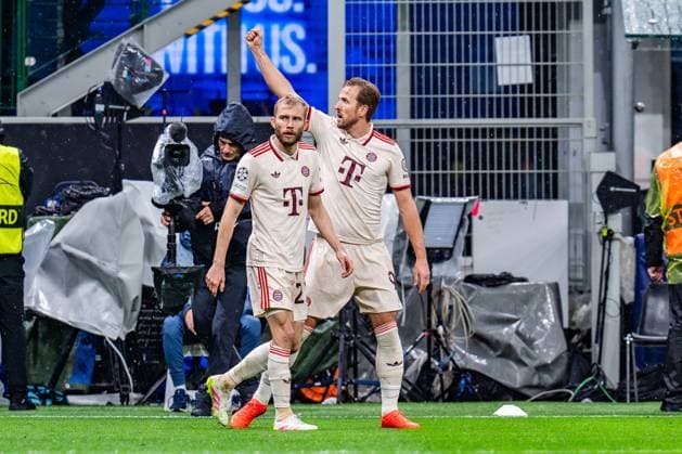16 04 2025, Inter Milan vs FC Bayern Munich, UEFA Champions League, quarter-final second leg Goal for 0 1 by Harry Kane FC Bayern Munich, 9 here with Konrad Laimer FC Bayern Munich, 27 Copyright: xBahhoxKarax