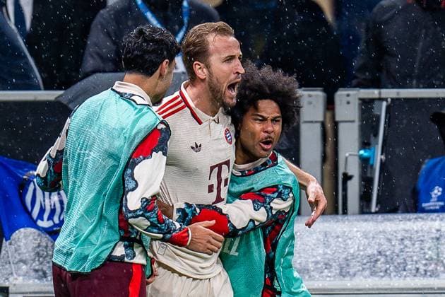16 04 2025, Inter Milan vs FC Bayern Munich, UEFA Champions League, quarter-final second leg Goal for 0 1 by Harry Kane FC Bayern Munich, 9 here with Serge Gnabry FC Bayern Munich, 7 and Aleksandar Pavlovic FC Bayern Munich, 45 Copyright: xBahhoxKarax
