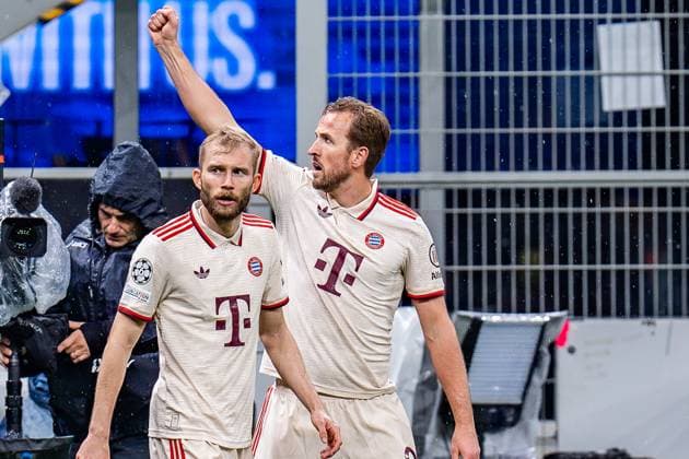 16 04 2025, Inter Milan vs FC Bayern Munich, UEFA Champions League, quarter-final second leg Goal for 0 1 by Harry Kane FC Bayern Munich, 9 here with Konrad Laimer FC Bayern Munich, 27 Copyright: xBahhoxKarax