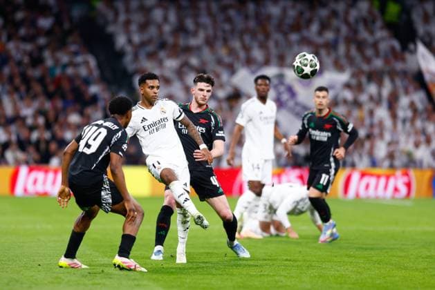 April 16, 2025, Madrid, Madrid, SPAIN: Rodrygo Goes of Real Madrid in action during the UEFA Champions League 2024 25 Quarter Final Second Leg match between Real Madrid C.F. and Arsenal FC at Santiago Bernabeu stadium on April 16, 2025, in Madrid, Spain. Madrid SPAIN - ZUMAa181 20250416_zaa_a181_108 Copyright: xDennisxAgyemanx