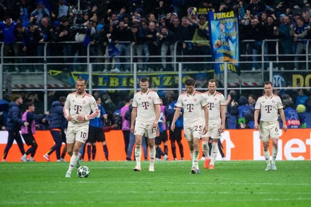 Leroy Sane FC Bayern Muenchen, 10 , Eric Dier FC Bayern Muenchen, 15 , Thomas Mueller FC Bayern Muenchen, 25 , Harry Kane FC Bayern Muenchen, 09 , Joshua Kimmich FC Bayern Muenchen, 06 is annoyed about the goal for 1 1, ITA, Inter Milan vs FC Bayern Muenchen, Football, UEFA Champions League, quarter-final second leg, 2024 2025 season, 16 04 2025 ITA, Inter Milan vs FC Bayern Muenchen, Football, UEFA Champions League, quarter-final second leg, 2024 2025 season, 16 04 2025 Milano Copyright: xEibner-Pressefoto Memmlerx EP_MMR