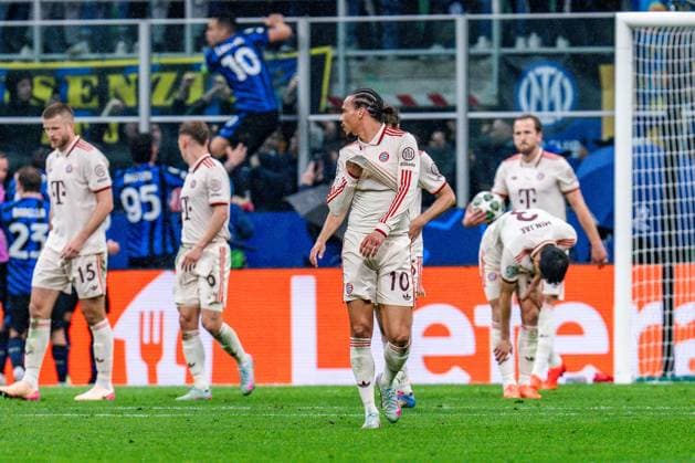 16 04 2025, Inter Milan vs FC Bayern Munich, UEFA Champions League, quarter-final second leg goal for 1 1 by Lautaro Martinez Inter Milan, 10 here Leroy Sane FC Bayern Muenchen, 10 unhappy sad unhappy Copyright: xBahhoxKarax