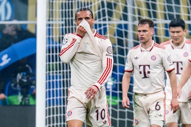 16 04 2025, Inter Milan vs FC Bayern Munich, UEFA Champions League, quarter-final second leg Goal for 2 1 by Benjamin Pavard Inter Milan, 28 here Leroy Sane FC Bayern Munich, 10 dissatisfied sad unhappy Joshua Kimmich FC Bayern Munich, 6 Copyright: xBahhoxKarax
