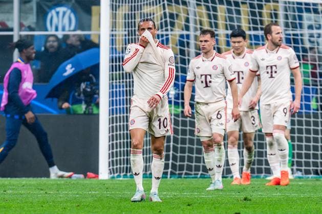 16 04 2025, Inter Milan vs FC Bayern Munich, UEFA Champions League, quarter-final second leg Goal for 2 1 by Benjamin Pavard Inter Milan, 28 here Leroy Sane FC Bayern Munich, 10 dissatisfied sad unhappy Joshua Kimmich FC Bayern Munich, 6 Minjae Kim FC Bayern Munich, 3 Harry Kane FC Bayern Munich, 9 Copyright: xBahhoxKarax
